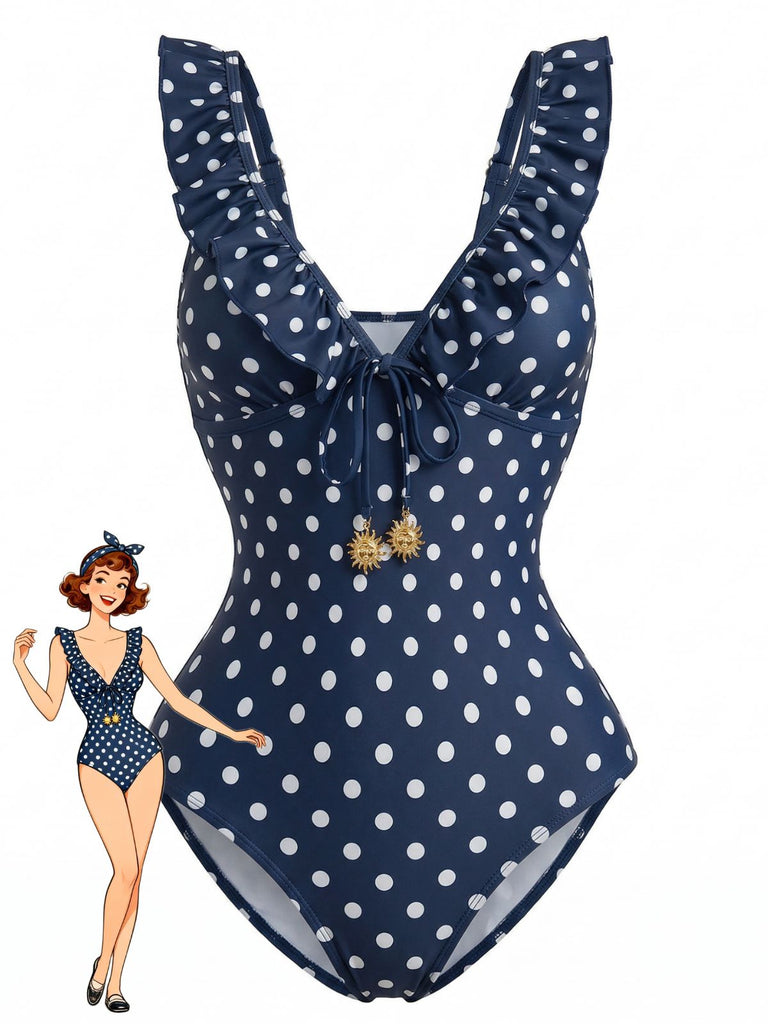Dark Blue 1950s Polka Dot V-Neck One Piece - vintage fashion, retro style