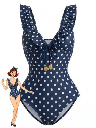 Dark Blue 1950s Polka Dot V-Neck One Piece - vintage fashion, retro style