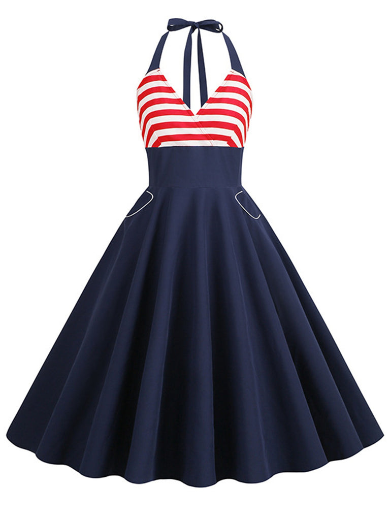 She slips into this Dark Blue 1950s Red & White Stripes Halter Dress and suddenly it's a 1950s daydream