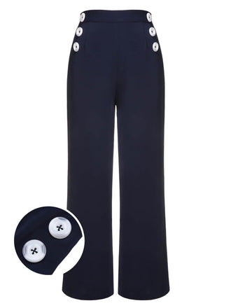 Dark Blue 1950s Solid Button Straight Pants, vintage fashion, retro style - perfect for women who love vintage and retro fashion