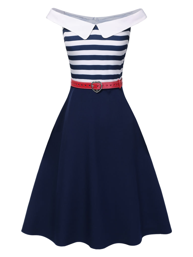 Dark Blue 1950s Striped Off-Shoulder Dress, vintage dress, retro fashion, rockabilly, pin-up fashion - perfect for women who love vintage and retro fashion