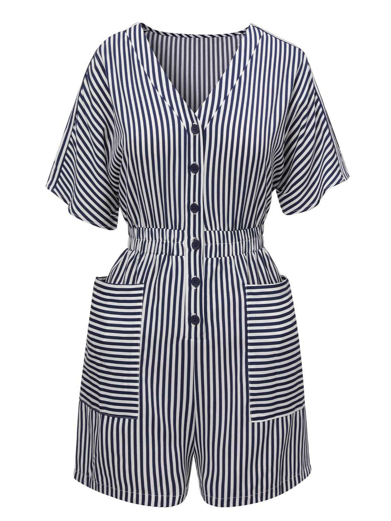 She finds her 1950s story in this Dark Blue 1950s V-Neck Pockets Stripes Romper