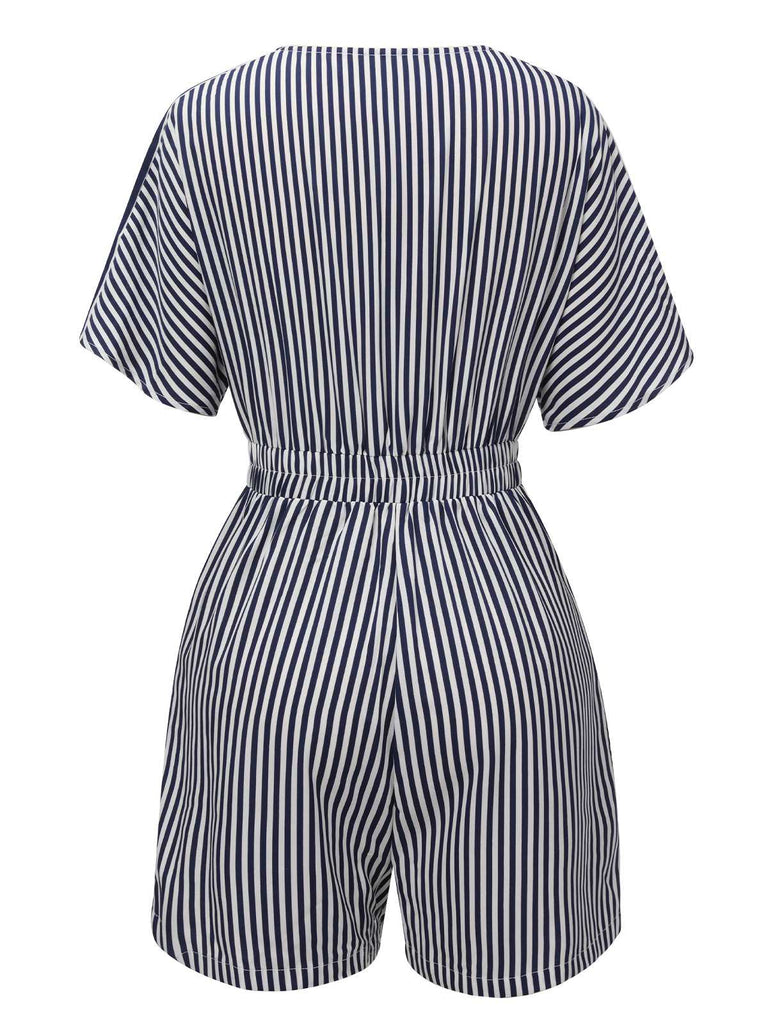 This Dark Blue 1950s V-Neck Pockets Stripes Romper whispers 1950s secrets to those who notice