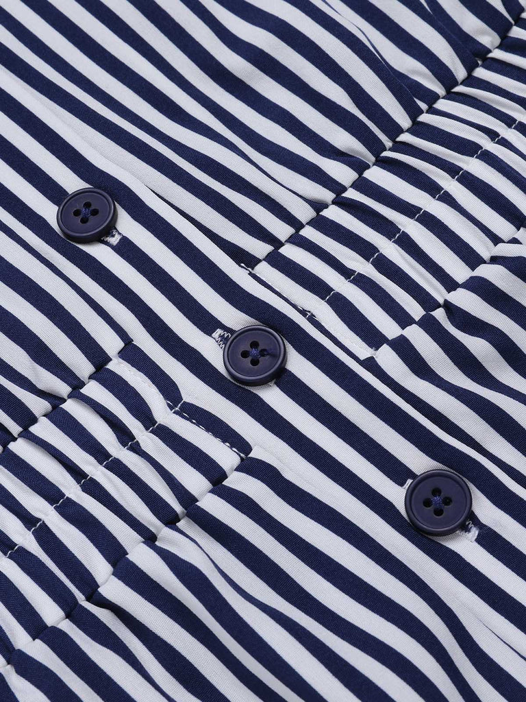 Dark Blue 1950s V-Neck Pockets Stripes Romper — 1950s style that transcends decades
