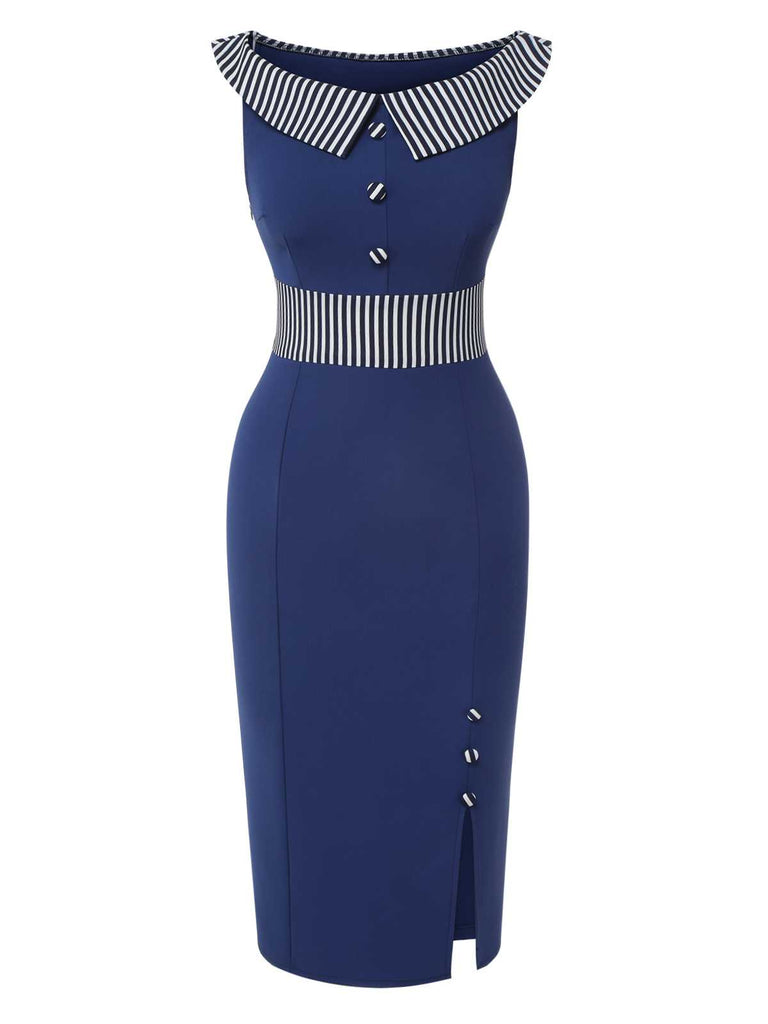 Dark Blue 1960s Buttoned Stripes Dress: where 1960s romance meets her modern spirit