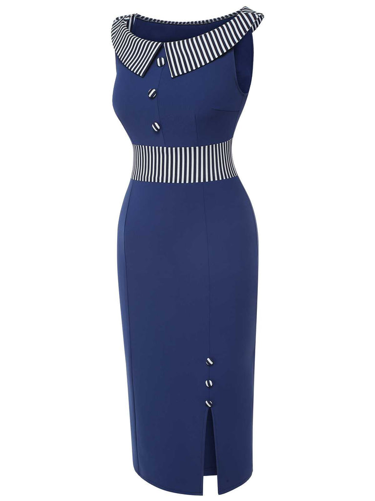 This Dark Blue 1960s Buttoned Stripes Dress wraps her in 1960s elegance, one twirl at a time