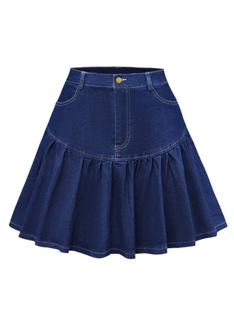 Dark Blue 1960s Ruffled Denim Skirt - vintage skirt, retro style