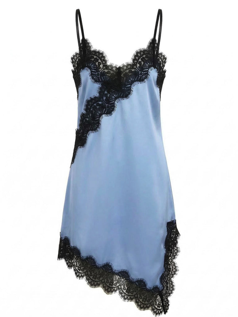 Dark Blue 1960s Satin Lace Spaghetti Strap Nightgown: beautiful vintage lingerie, retro nightgown, elegant sleepwear with timeless appeal