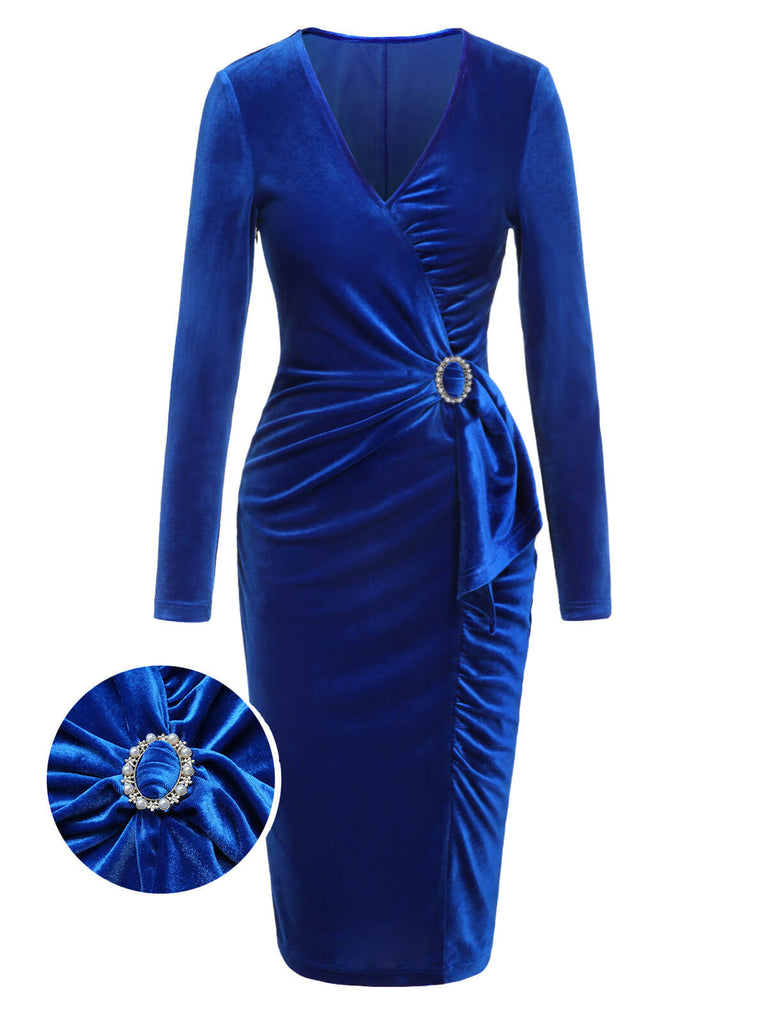 Dark Blue 1960s V-Neck Pleated Velvet Dress, vintage dress, retro fashion - perfect for women who love vintage and retro fashion