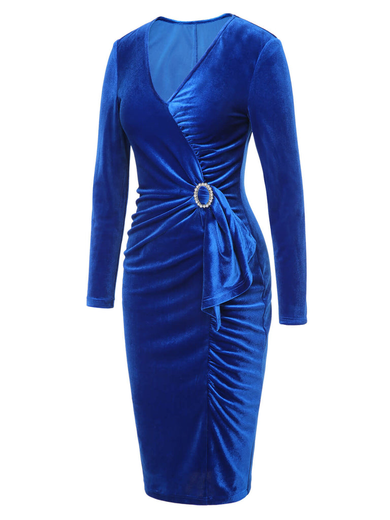 Dark Blue 1960s V-Neck Pleated Velvet Dress, vintage dress, retro fashion - perfect for women who love vintage and retro fashion