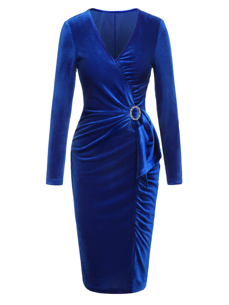 Dark Blue 1960s V-Neck Pleated Velvet Dress, vintage dress, retro fashion - perfect for women who love vintage and retro fashion
