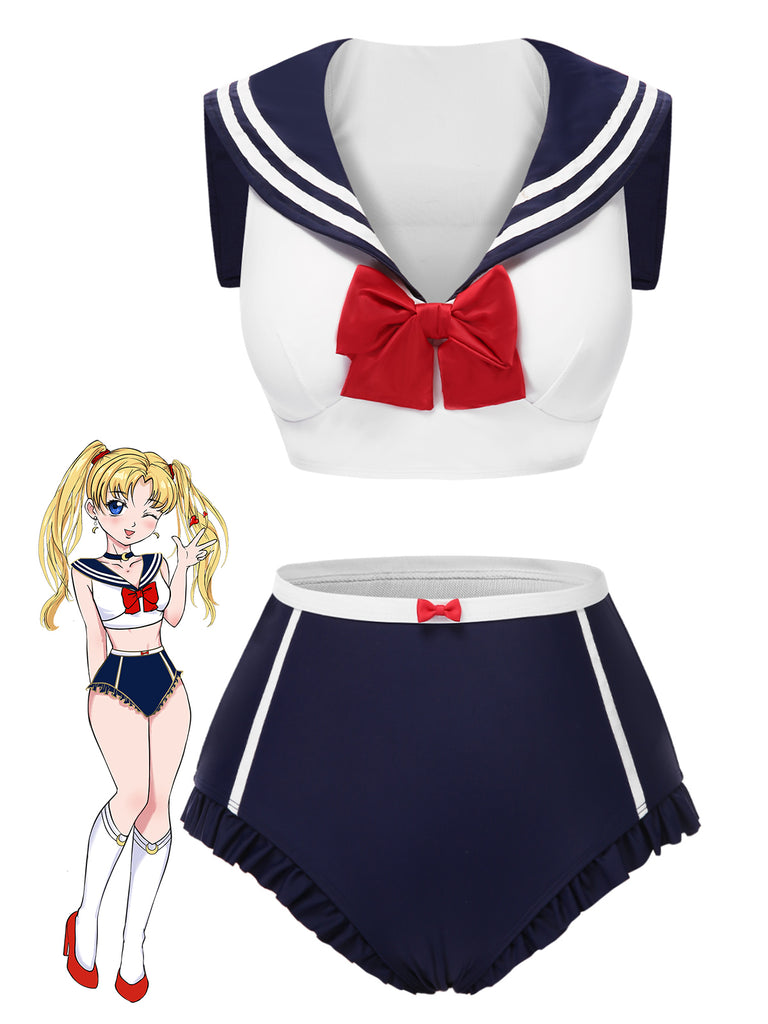 She's wearing Dark Blue 1970s Sailor Collar Bow Swimsuit and the whole beach remembers the 1970s