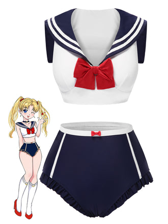 She's wearing Dark Blue 1970s Sailor Collar Bow Swimsuit and the whole beach remembers the 1970s