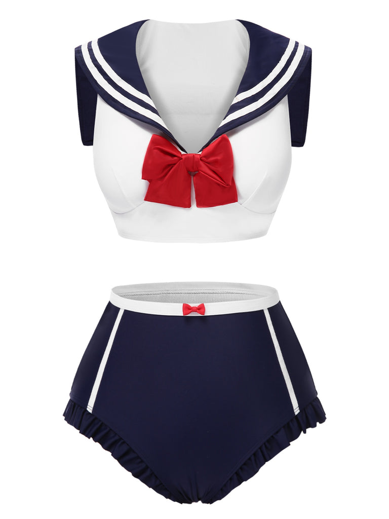 This Dark Blue 1970s Sailor Collar Bow Swimsuit carries 1970s vacation dreams in every stitch