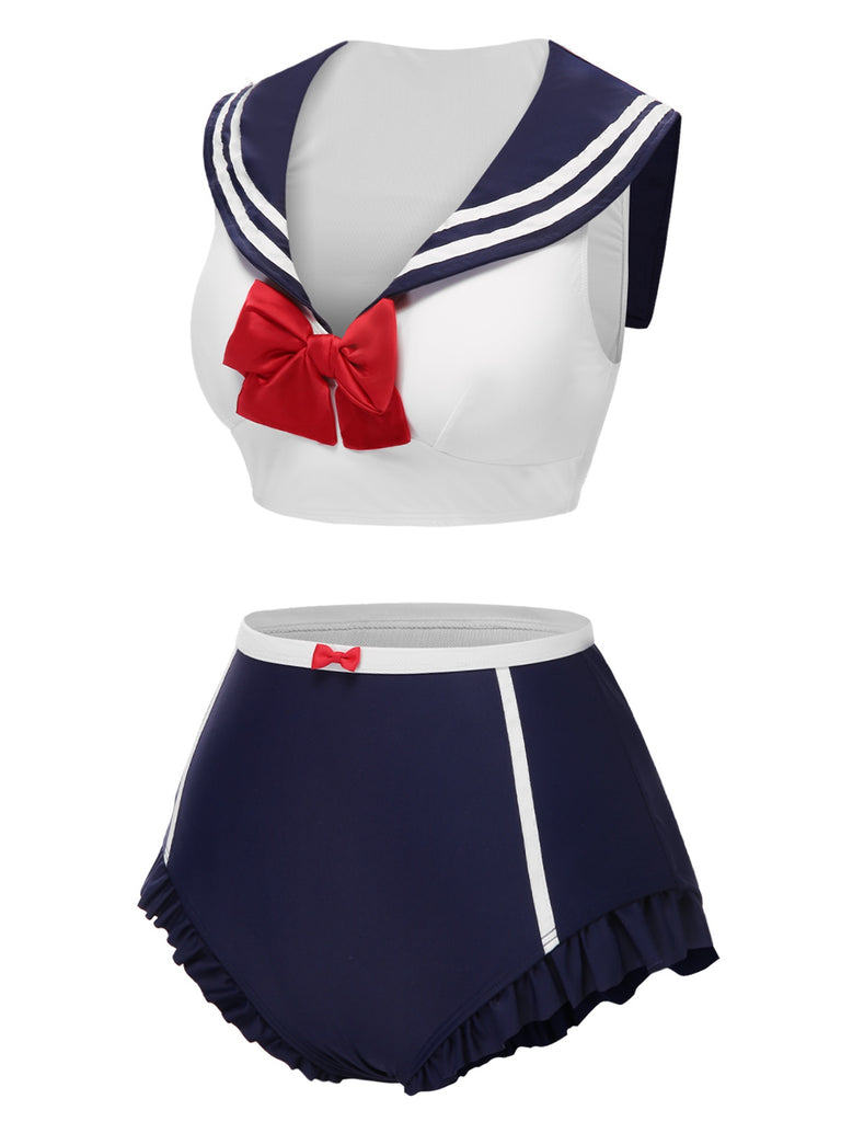 Dark Blue 1970s Sailor Collar Bow Swimsuit — because 1970s glamour never goes out of style