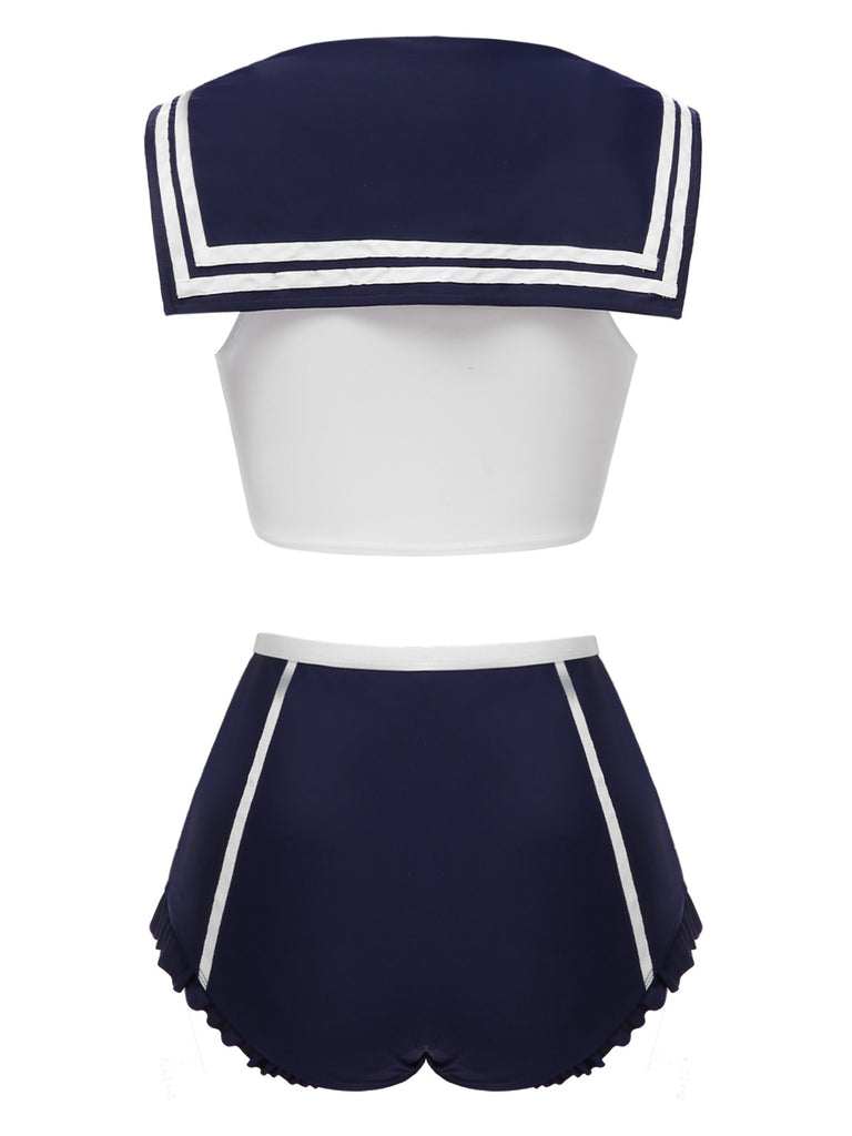 Dark Blue 1970s Sailor Collar Bow Swimsuit — 1970s poolside glamour meets sun-drenched confidence