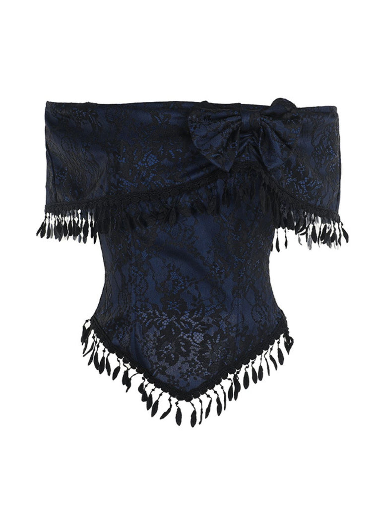 Dark Blue 1930s Halloween Off-Shoulder Lace Tassel Top - vintage fashion, retro style