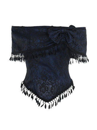 Dark Blue 1930s Halloween Off-Shoulder Lace Tassel Top - vintage fashion, retro style