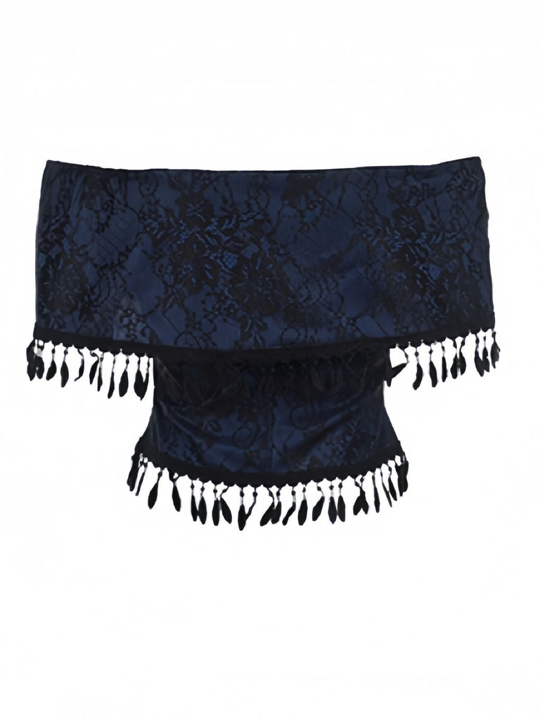 Dark Blue 1930s Halloween Off-Shoulder Lace Tassel Top - vintage fashion, retro style