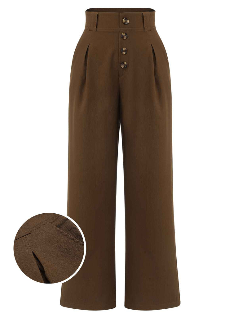 Dark Brown 1930s Buttoned Solid Shift Pants: timeless style reimagined