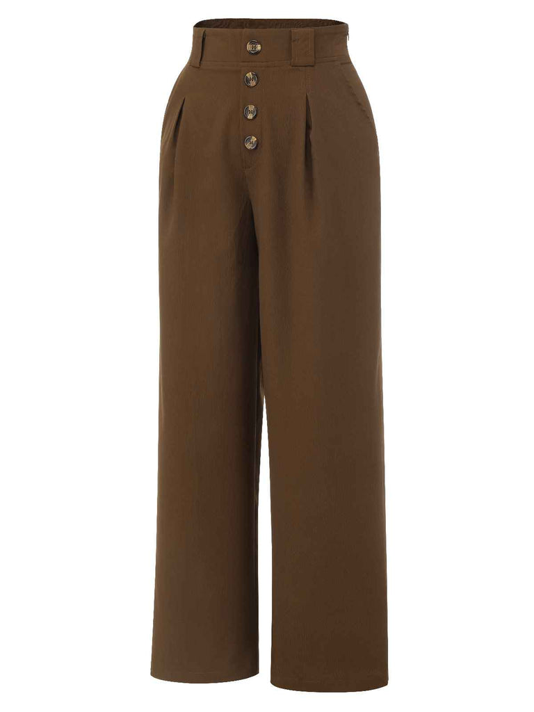 Dark Brown 1930s Buttoned Solid Shift Pants: timeless style reimagined