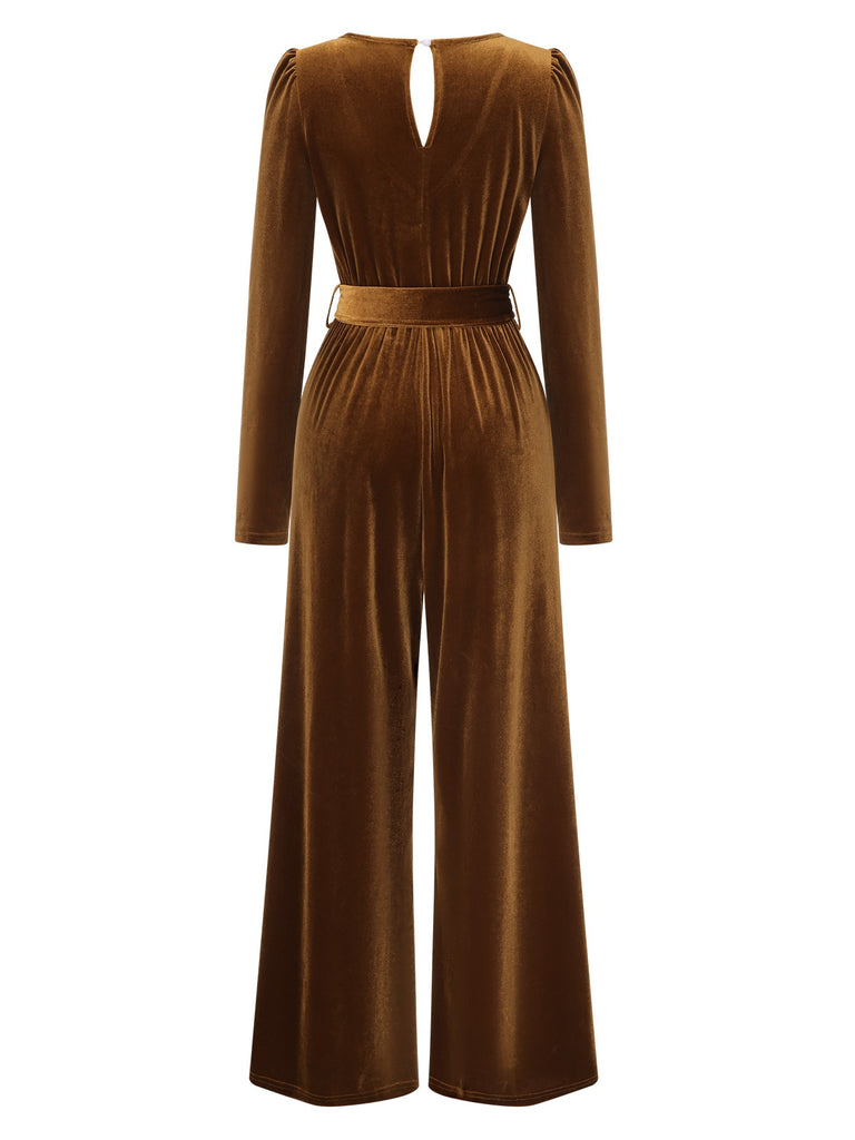 Dark Brown 1930s Solid V-Neck Velvet Jumpsuit, vintage romper, retro jumpsuit - perfect for women who love vintage and retro fashion