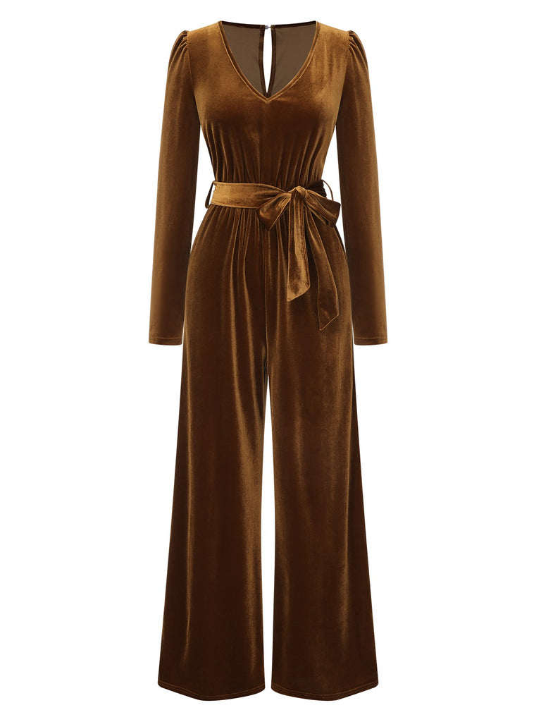 Dark Brown 1930s Solid V-Neck Velvet Jumpsuit, vintage romper, retro jumpsuit - perfect for women who love vintage and retro fashion