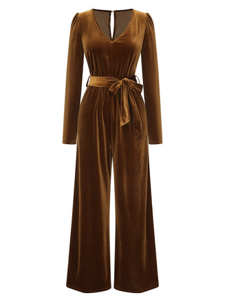 Dark Brown 1930s Solid V-Neck Velvet Jumpsuit, vintage romper, retro jumpsuit - perfect for women who love vintage and retro fashion