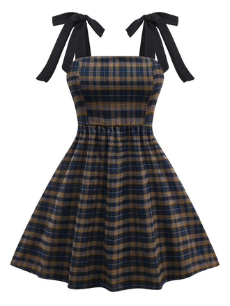 Dark Coffee 1950s Bow Strap Plaid Dress - vintage dress, retro fashion, rockabilly