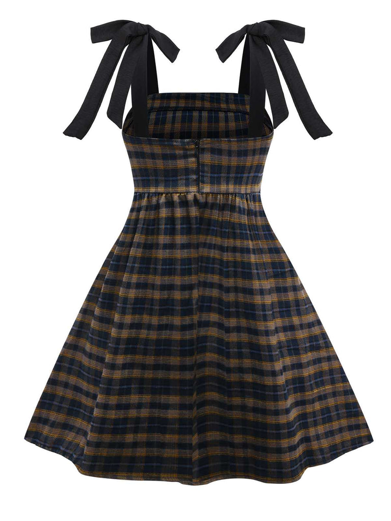 Dark Coffee 1950s Bow Strap Plaid Dress - vintage dress, retro fashion, rockabilly
