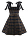Dark Coffee 1950s Bow Strap Plaid Dress - vintage dress, retro fashion, rockabilly