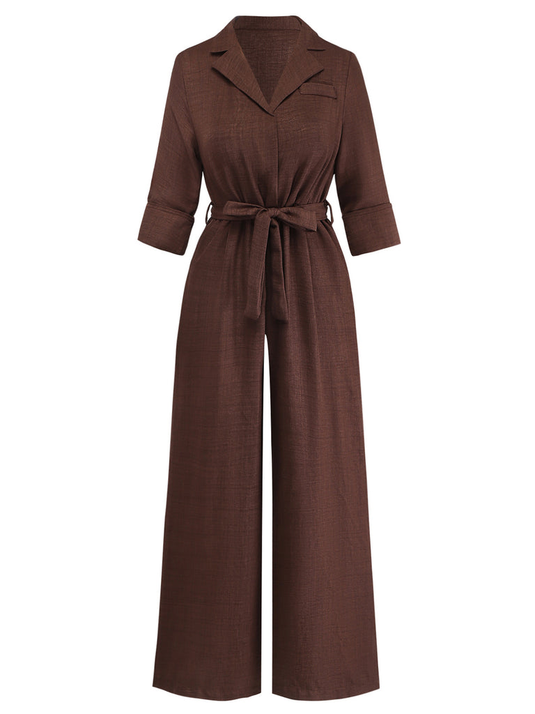 Dark Coffee 1950s V Neck Belted Jumpsuit 5