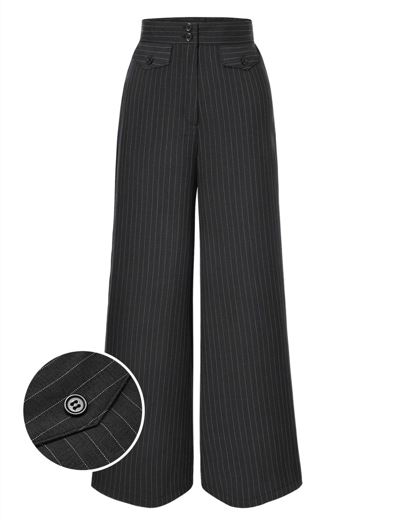 She walks in these Dark Gray 1940s Pinstripes Wide-Leg Pants and the world follows