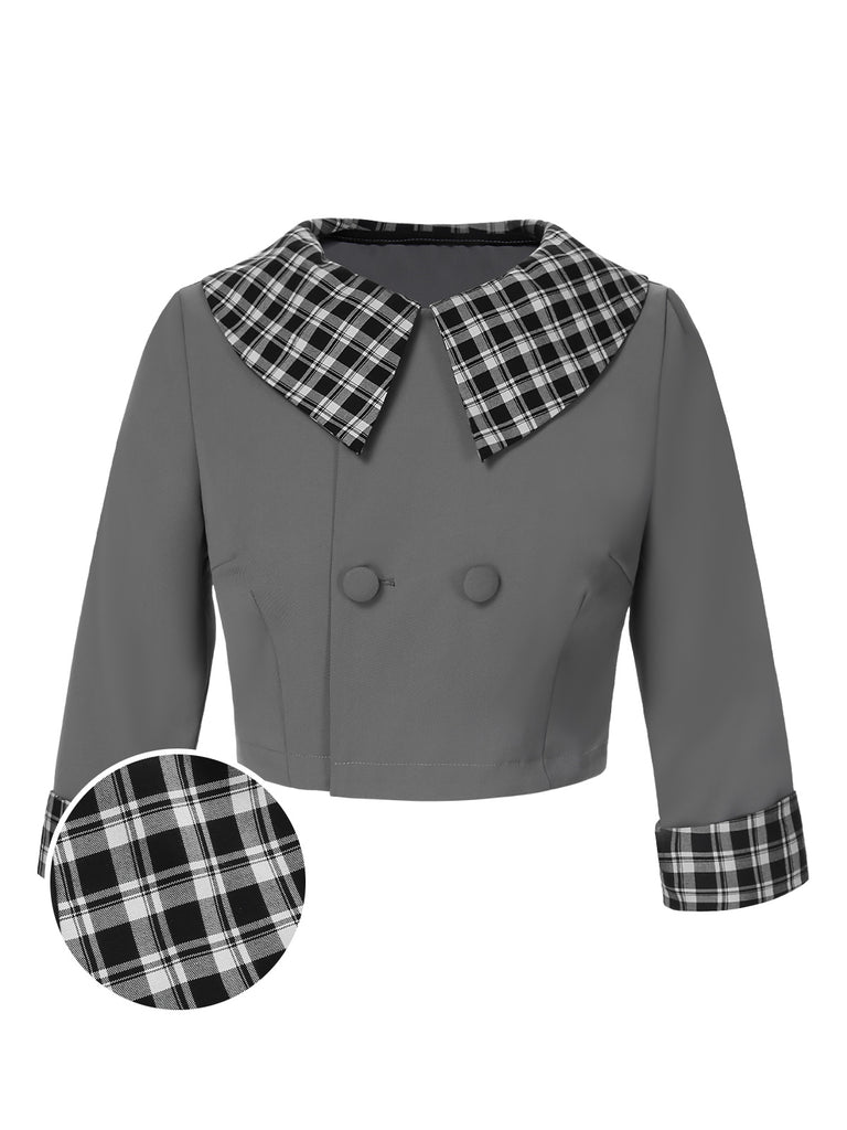 Dark Gray 1950s Lapel Rolled Sleeve Plaid Short Coat, vintage coat, retro outerwear - perfect for women who love vintage and retro fashion