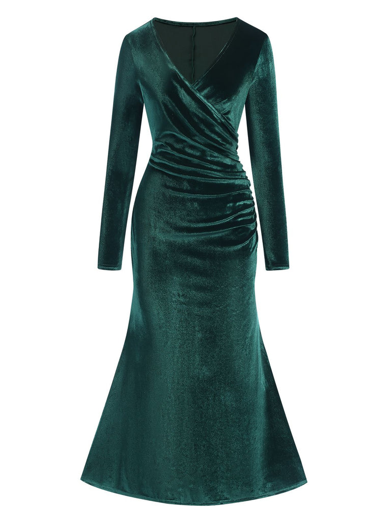 Dark Green 1930s Velvet Solid V-Neck Dress, vintage dress, retro fashion - perfect for women who love vintage and retro fashion