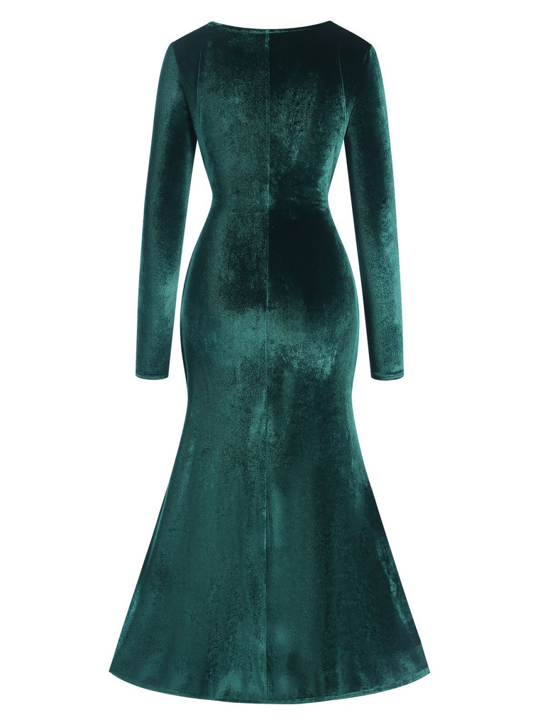 Dark Green 1930s Velvet Solid V-Neck Dress, vintage dress, retro fashion - perfect for women who love vintage and retro fashion