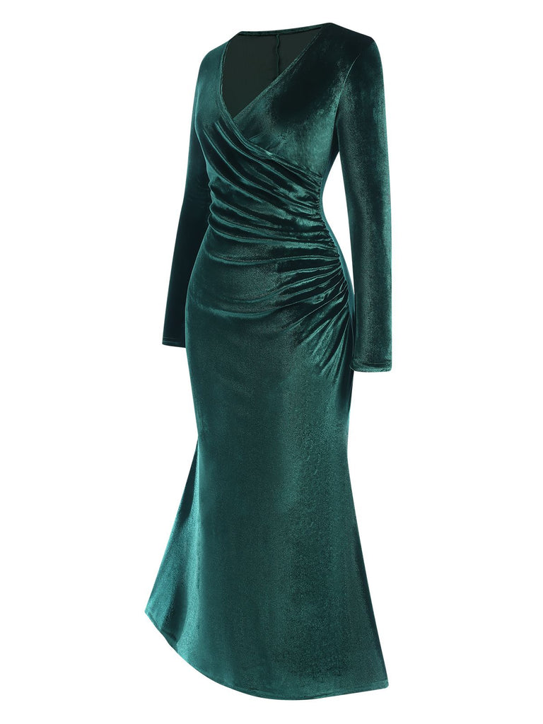 Dark Green 1930s Velvet Solid V-Neck Dress, vintage dress, retro fashion - perfect for women who love vintage and retro fashion