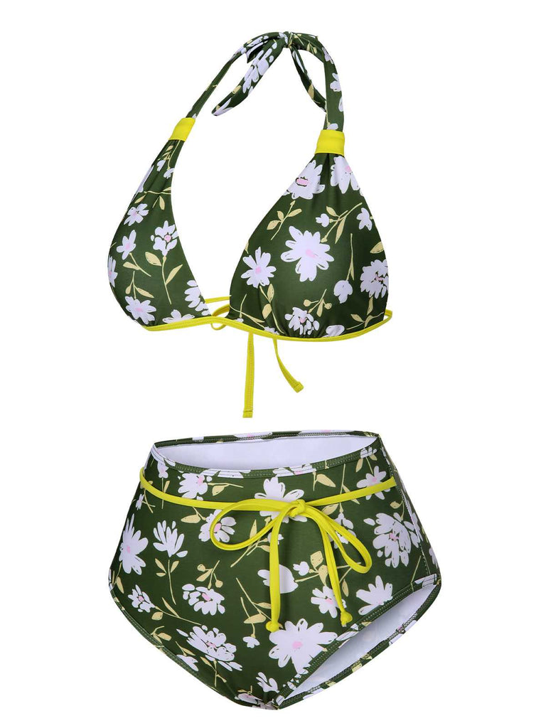 This Dark Green 1940s Halter Bow Floral Swimsuit carries 1940s vacation dreams in every stitch