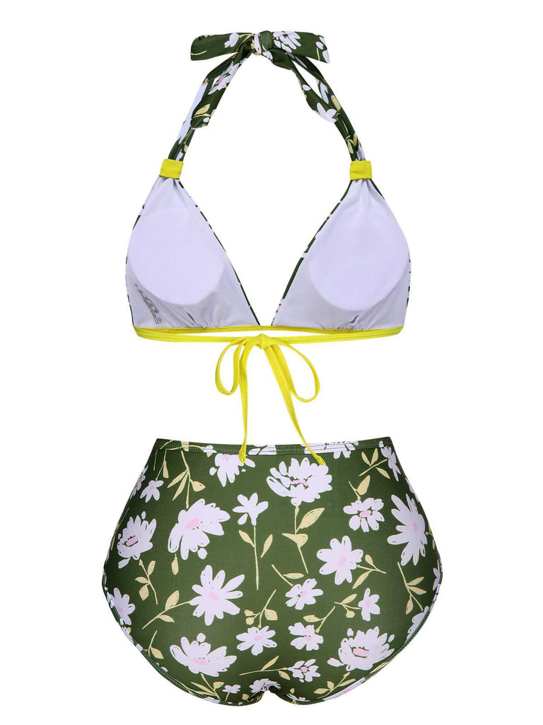 Dark Green 1940s Halter Bow Floral Swimsuit — because 1940s glamour never goes out of style