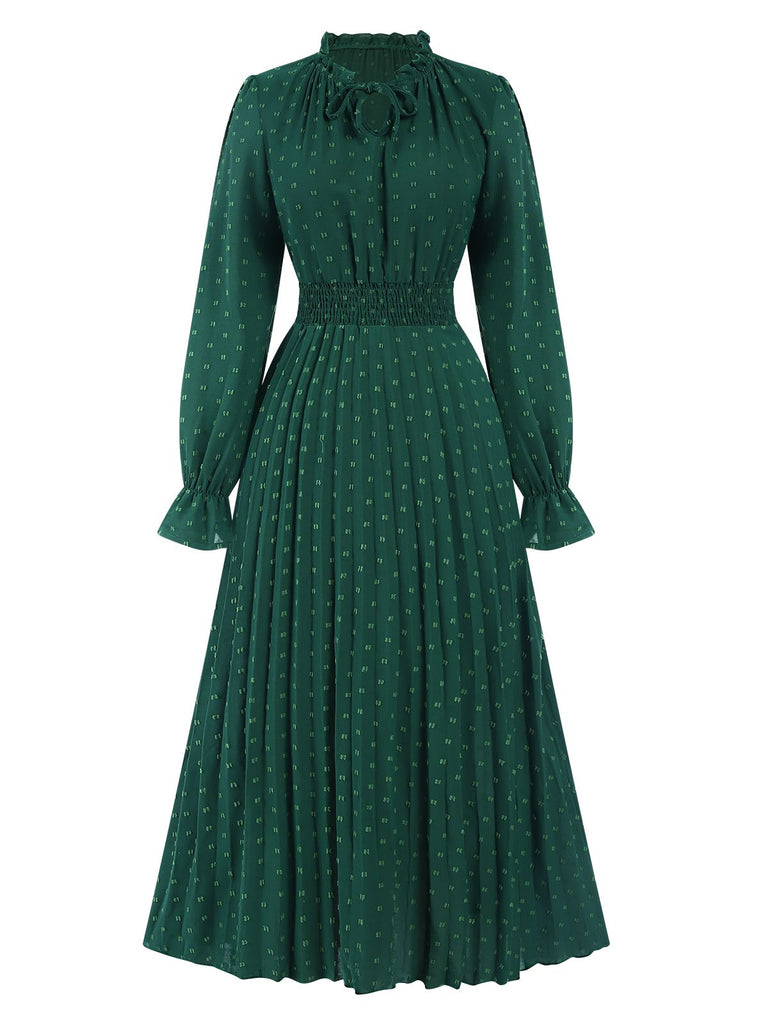 She slips into this Dark Green 1940s Lantern Sleeve Ruffles Dress and suddenly it's a 1940s daydream