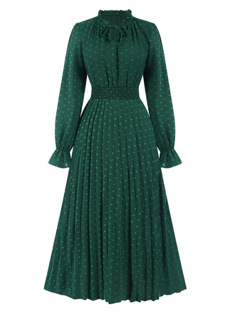 She slips into this Dark Green 1940s Lantern Sleeve Ruffles Dress and suddenly it's a 1940s daydream