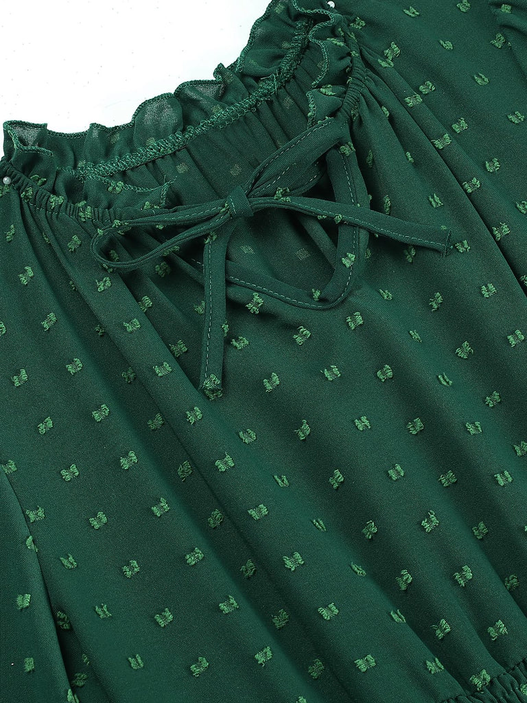 Dark Green 1940s Lantern Sleeve Ruffles Dress — the kind of 1940s dress that makes strangers smile