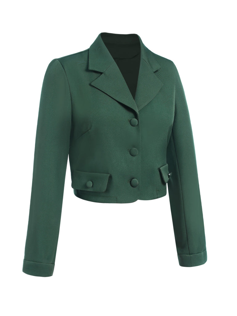 This Dark Green 1940s Lapel Button Cropped Blazer is her armor of 1940s elegance