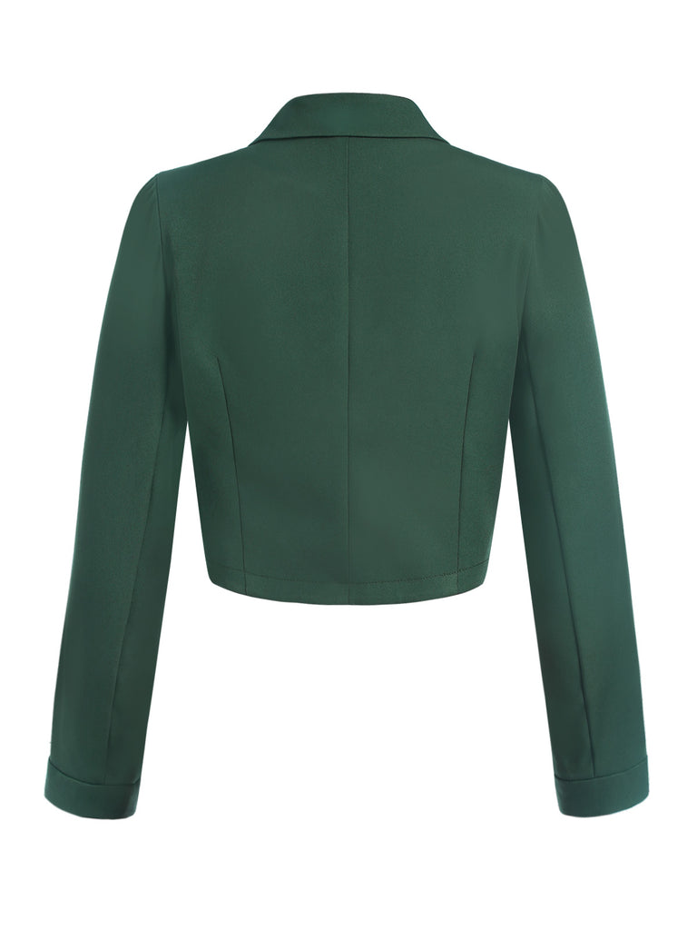 Dark Green 1940s Lapel Button Cropped Blazer — 1940s style that speaks before she does