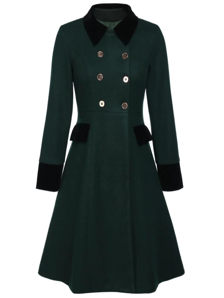 This Dark Green 1940s Solid Button Coat is her armor of 1940s elegance