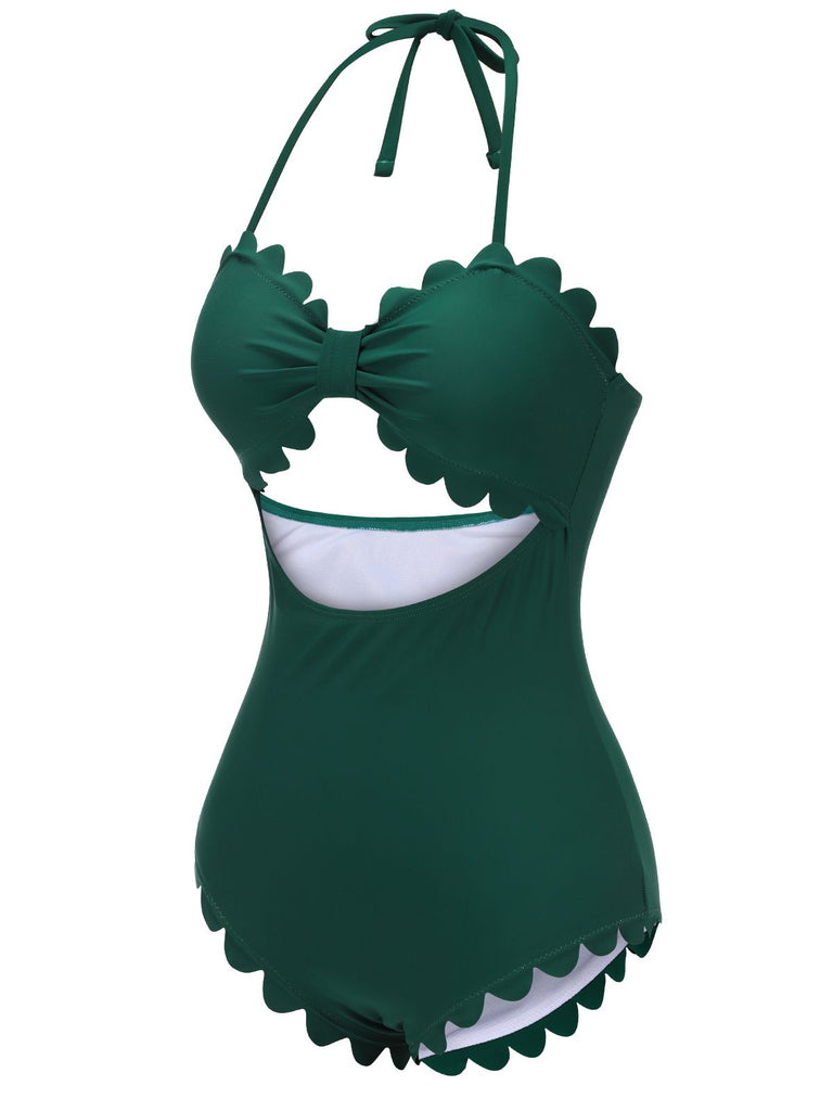 Dark Green 1940s Solid Halter One-piece Swimsuit, vintage swimsuit, pin-up swimwear - perfect for women who love vintage and retro fashion