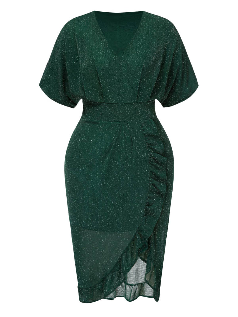 Dark Green 1940s V-Neck Ruffles Solid Dress: where 1940s romance meets her modern spirit