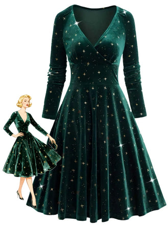 Dark Green 1940s V-Neck Star Velvet Dress - vintage dress, retro fashion