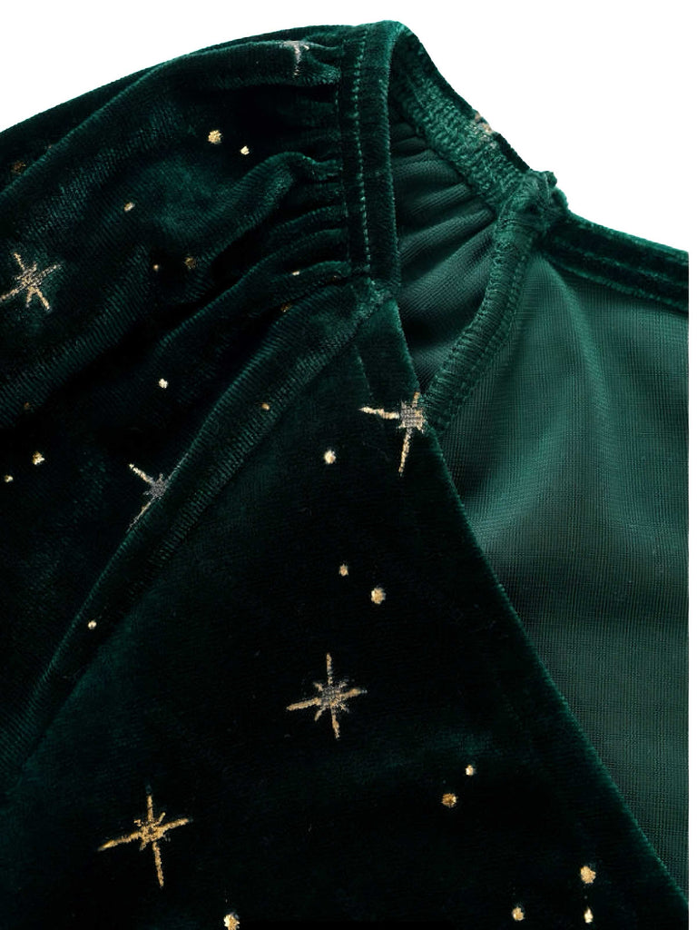 Dark Green 1940s V-Neck Star Velvet Dress - vintage dress, retro fashion