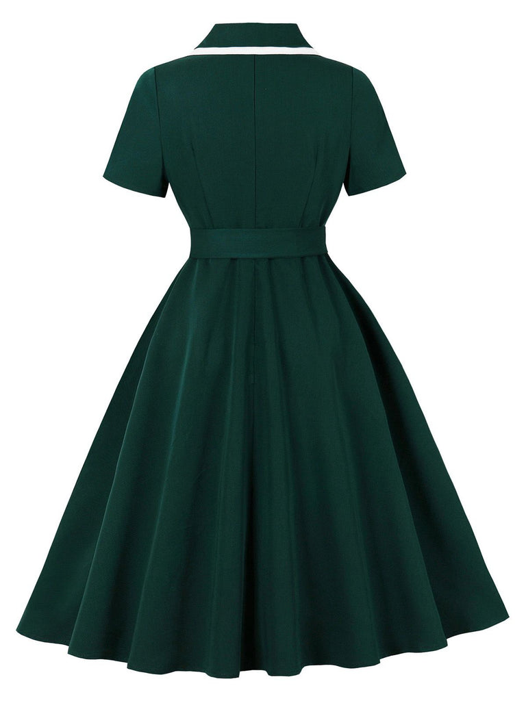 Dark Green 1950s Contrasted Lapel Swing Dress - vintage dress, retro fashion, rockabilly